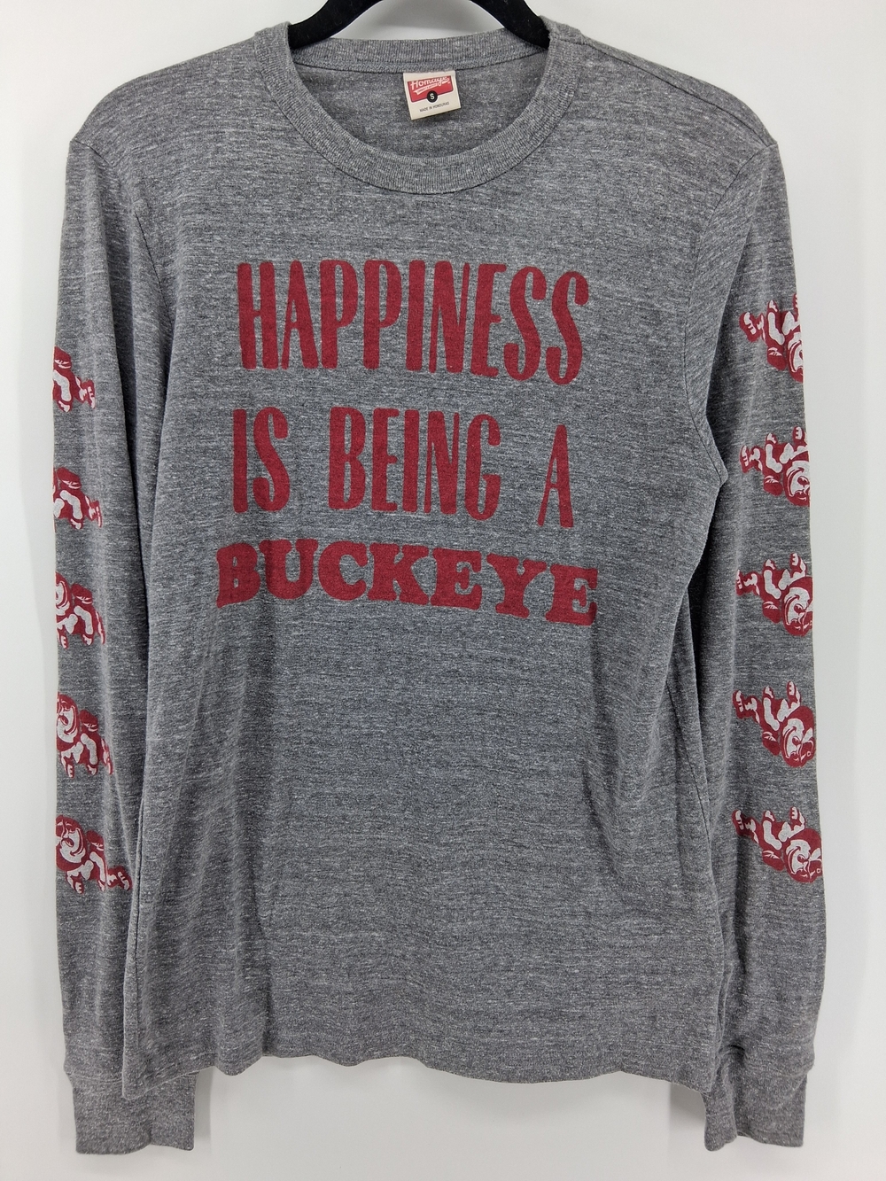 HOMAGE Heather Gray Long-Sleeve Tee with Red Buckeye Print